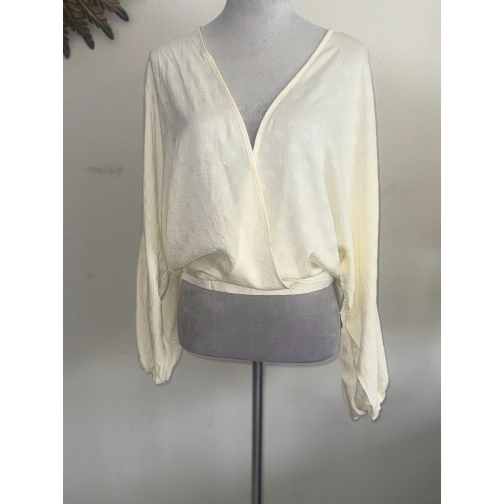 Tulip J317 Ivory Jacquard Polka Dot Faux Wrap Balloon Sleeve Blouse M/L